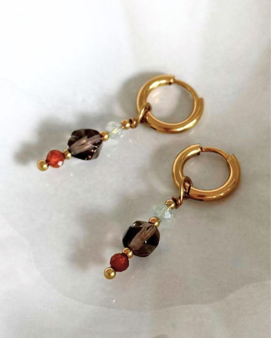 gouden edelsteen oorbellen rookkwarts rvs goud