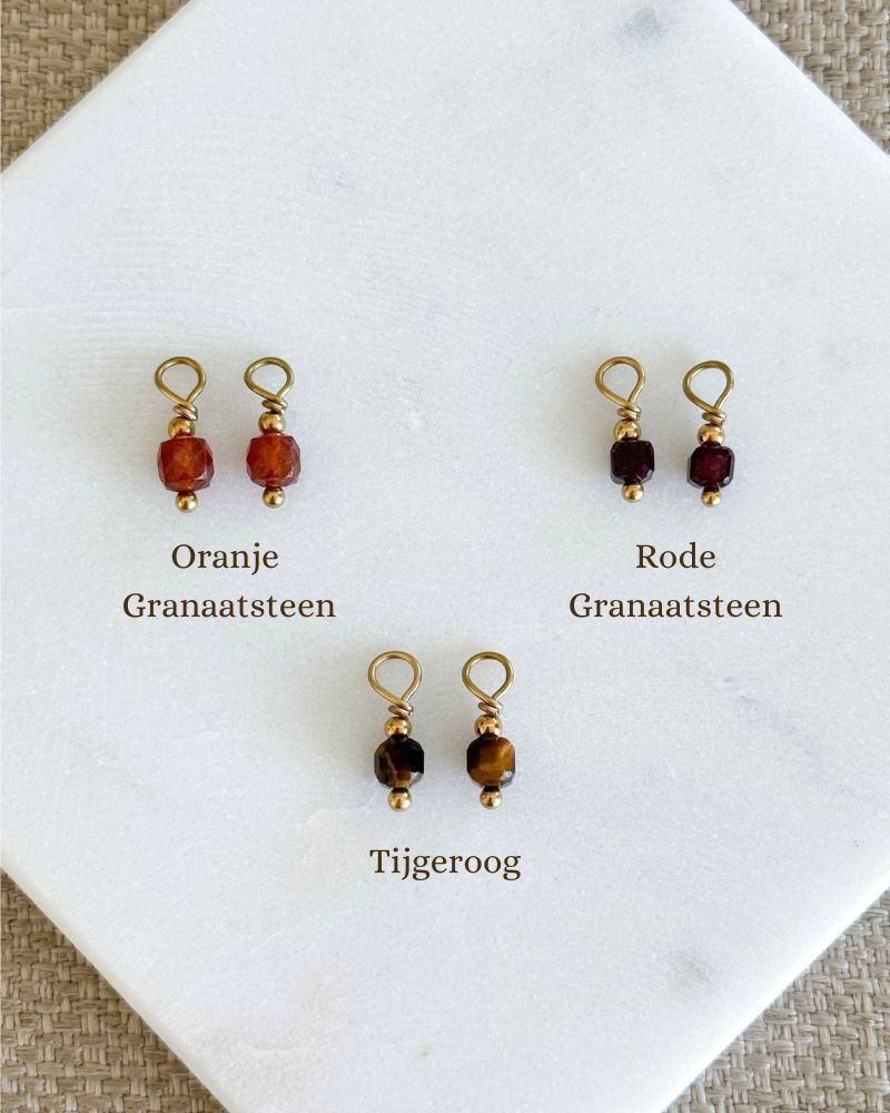 oranje rode bruine hangers oorbellen steen tijgeroog granaatsteen