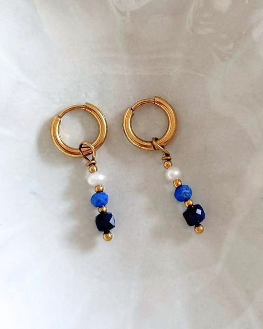 Indigo | Oorbellen met parels en blauwe edelstenen | Stainless steel