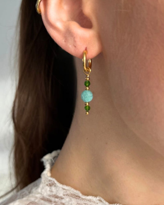 stainless oorringen blauwe en groene hangers