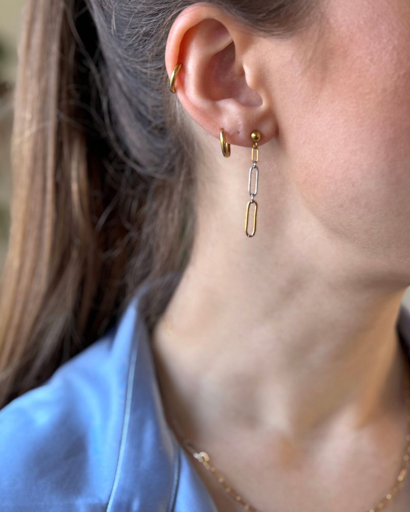 Hazel-Rose | Bicolor oorstekers | Lange gouden oorbellen met zilveren schakels