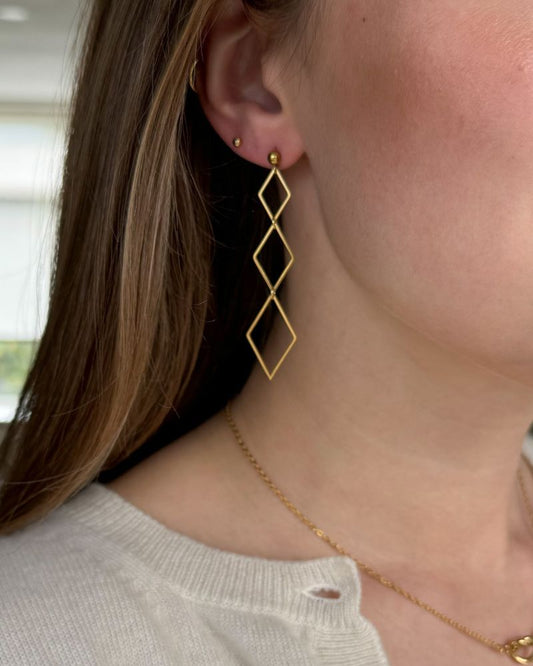 Kya | Lange oorbellen met ruiten | Goud stainless steel oorstekers