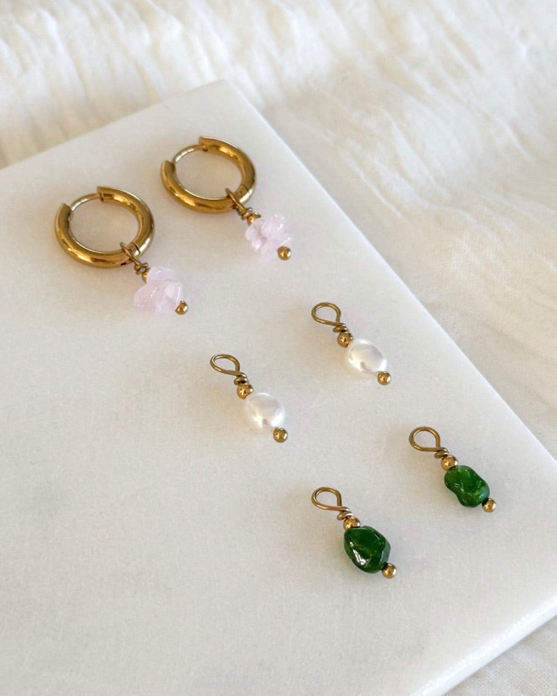 Mix & Match oorbellen | Oorringen set met 3 x 2 hangers | Rozenkwarts, parel en Diopsiet