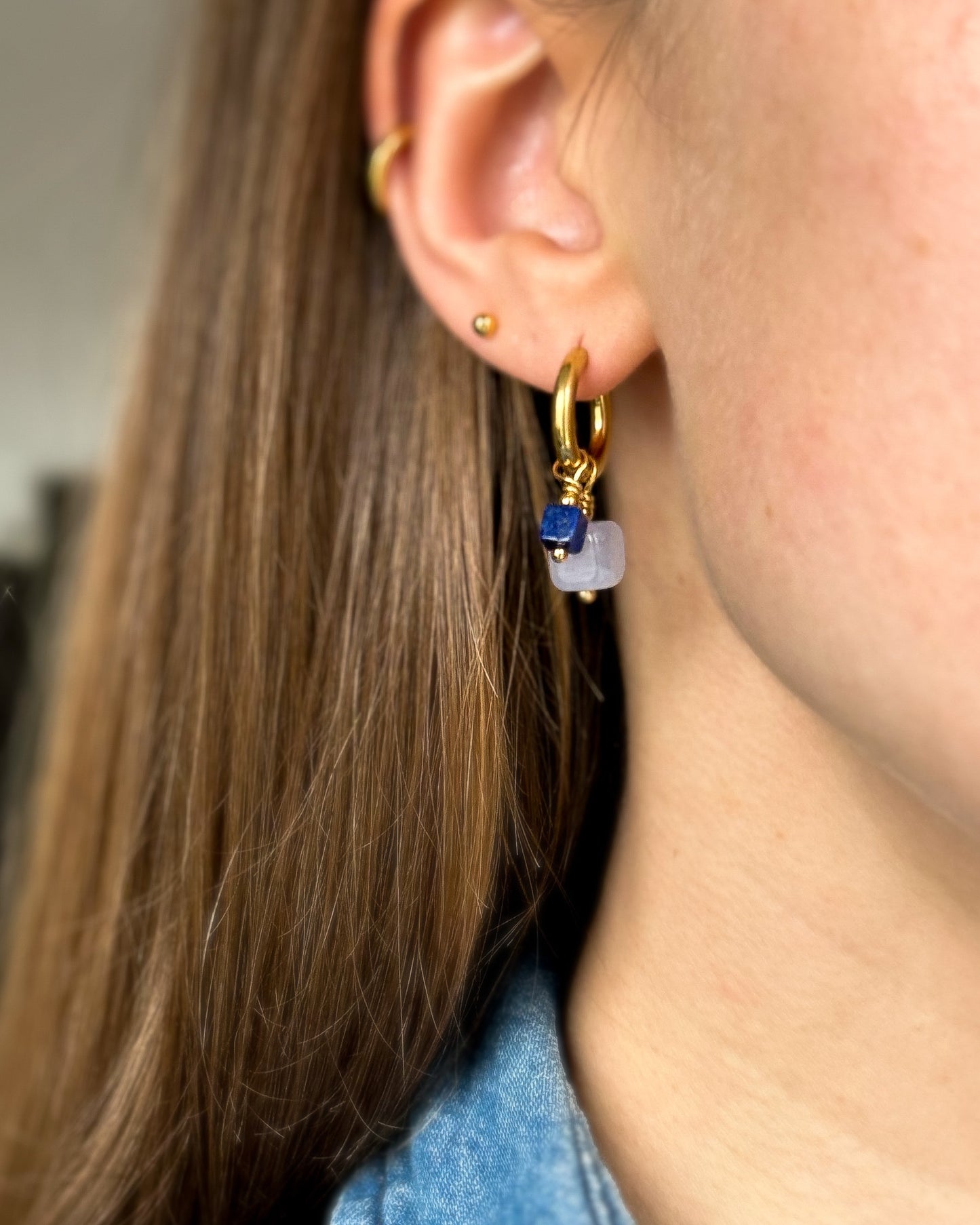 Mix & Match oorbellen | Oorringen set met 3 x 2 hangers | Aquamarijn, Parel en Lapis
