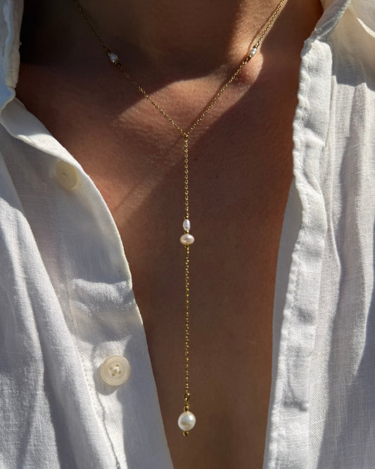 Y-ketting met zoetwaterparels | Goud stainless steel