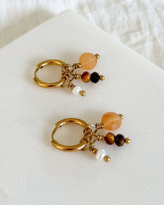 Mix & Match oorbellen Oorringen met hangers Parel, oranje Aventurijn en Tijgeroog
