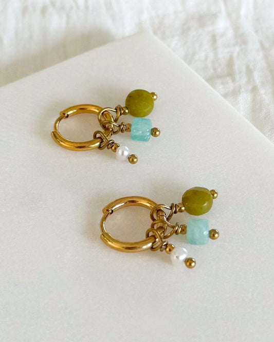 Mix & Match oorbellen Oorringen Parels, Jade en Amazoniet