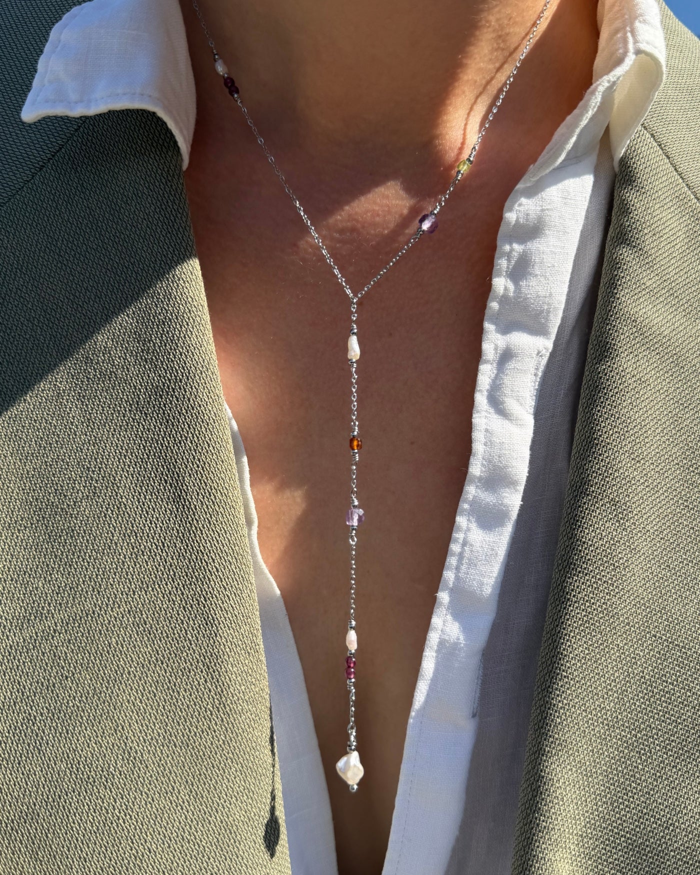 Y-ketting met parels en natuursteen | Zilver stainless steel