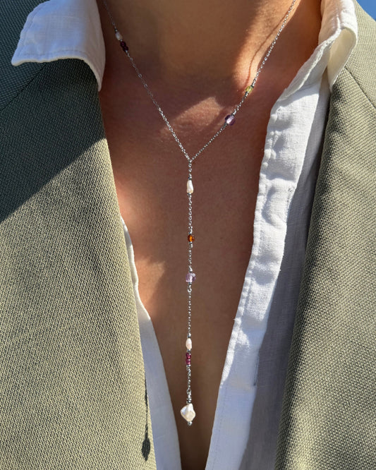 Y-ketting met parels en natuursteen | Zilver stainless steel