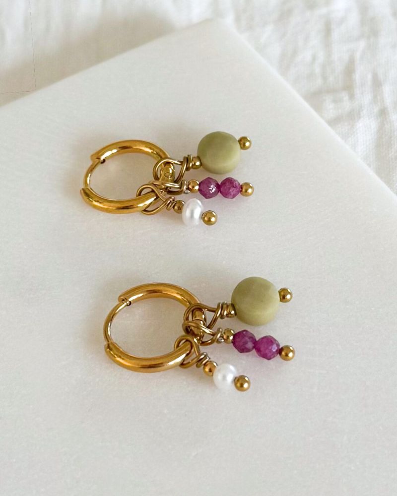 Mix & Match oorbellen set met hangers Parels, Robijn en groene Jaspis 