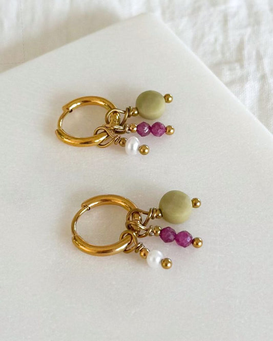 Mix & Match oorbellen set met hangers Parels, Robijn en groene Jaspis 