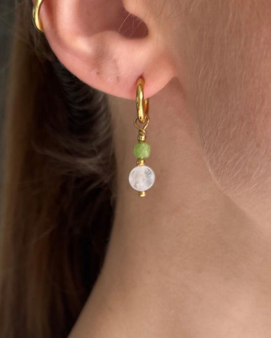 oorbellen met Bergkristal en Jade stainless steel goud