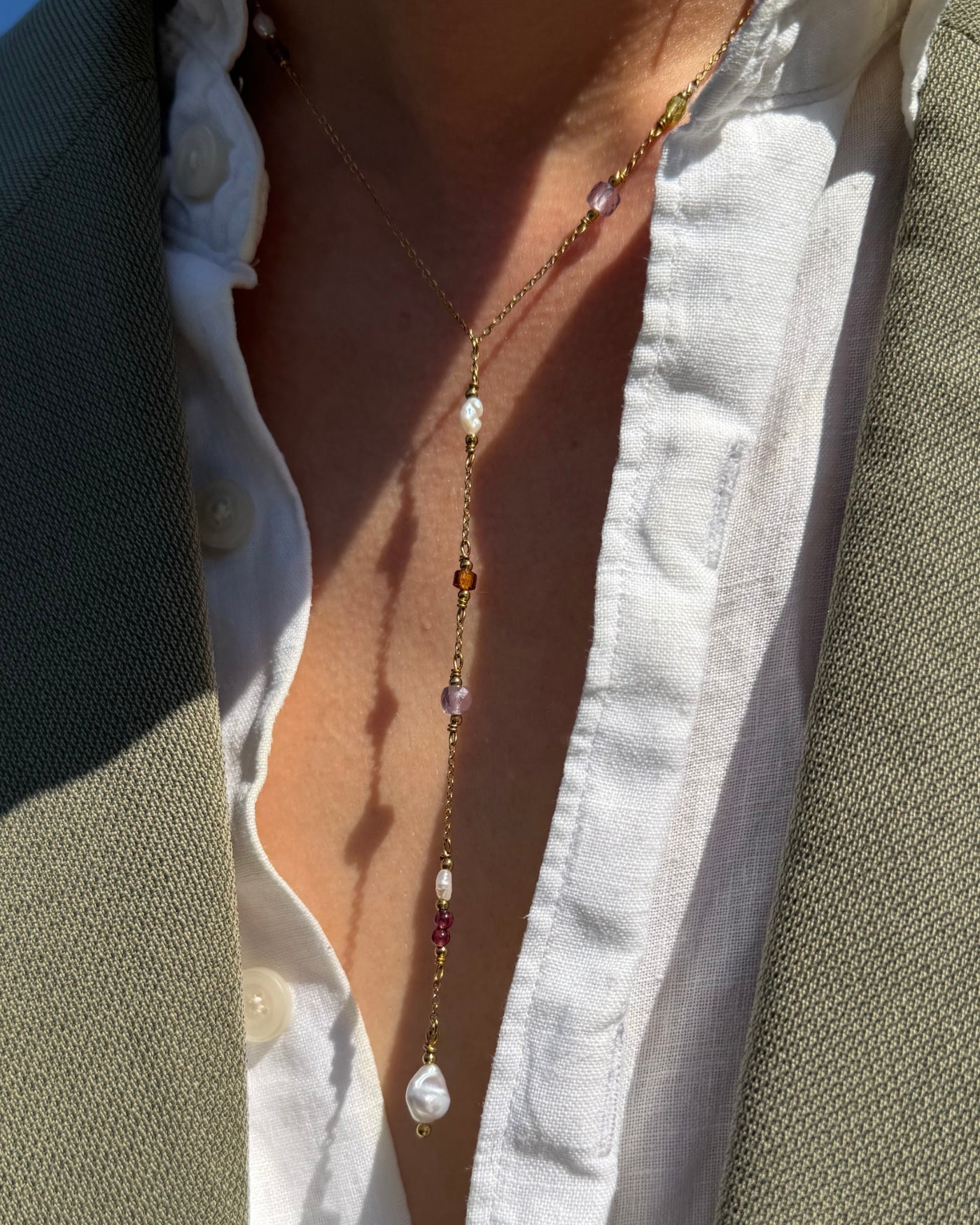 Y-ketting met parels en natuursteen | Goud stainless steel