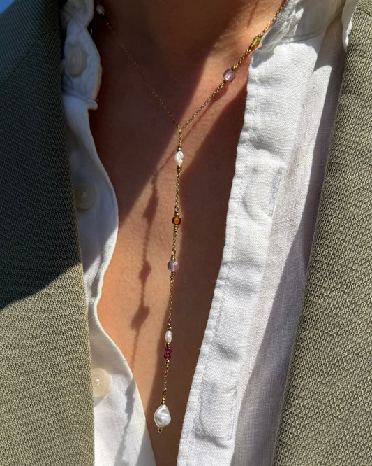 Y-ketting met parels en natuursteen | Goud stainless steel