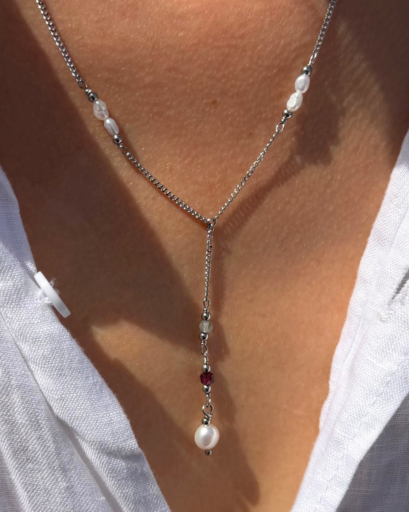 Y-ketting zilver | Met parels en groene & oranje edelstenen