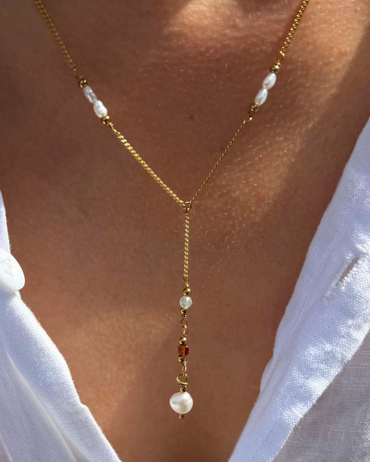 Y-ketting goud | Met parels en groene & oranje edelstenen