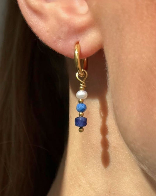 Indigo | Oorbellen met parels en blauwe edelstenen | Stainless steel