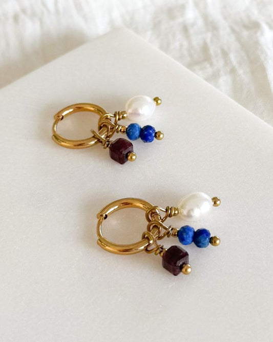 Mix & Match oorbellen Oorringen set met hangers Parel, Lapis Lazuli en Granaatsteen