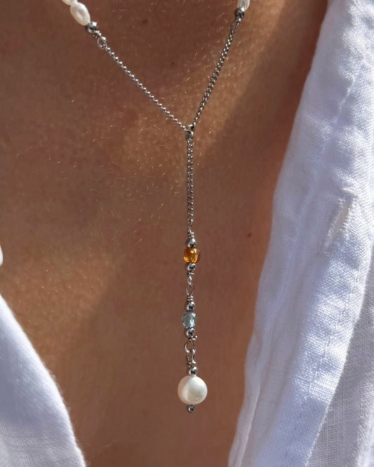 Ophelia | Y-ketting zilver | Met parels, granaatsteen & aquamarijn