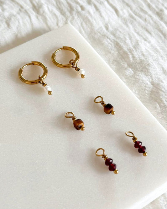 Mix & Match oorbellen | Oorringen set met 3 x 2 hangers | Parel, amethist en tijgeroog