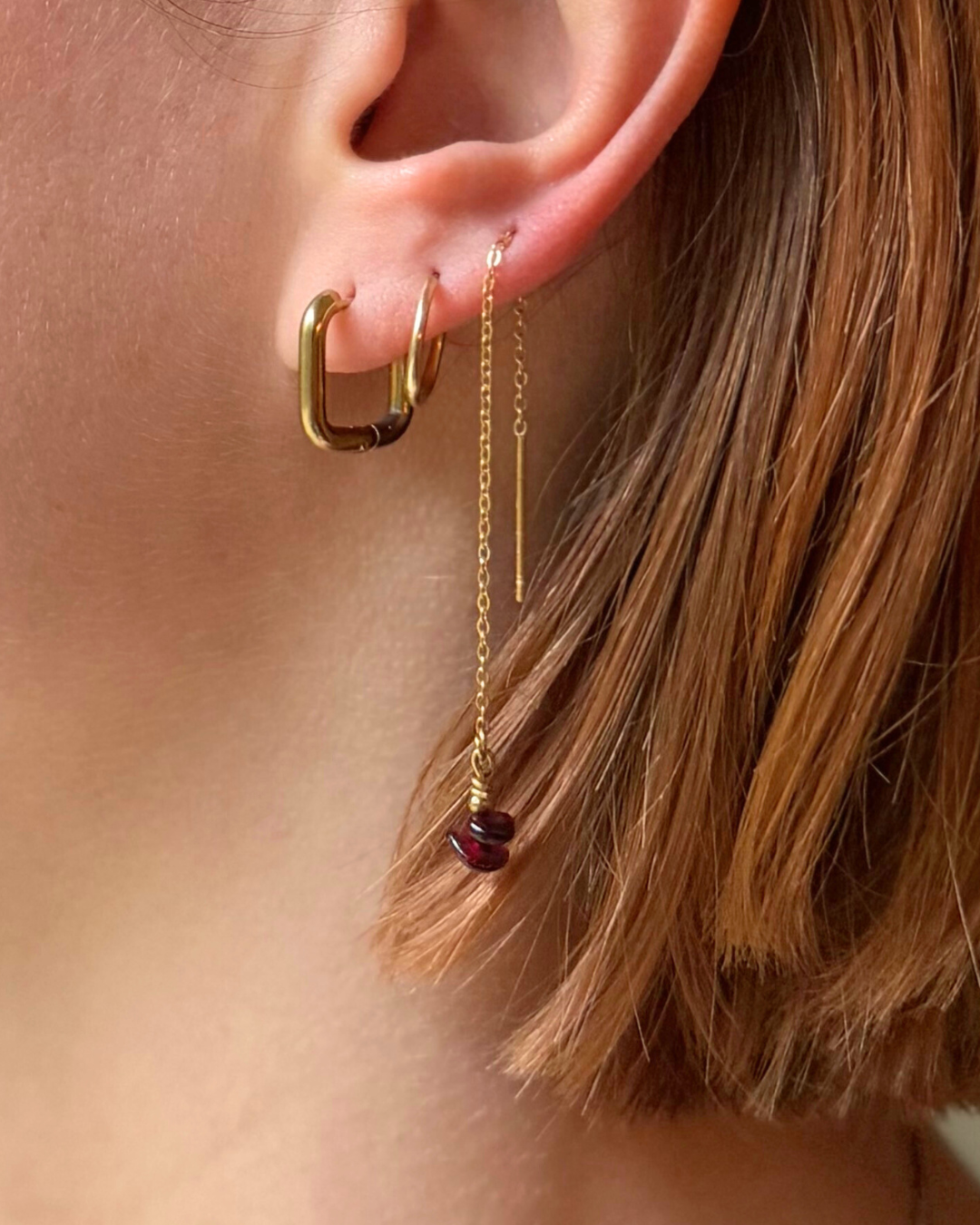 gouden threader oorbellen met Granaatsteen Stainless steel