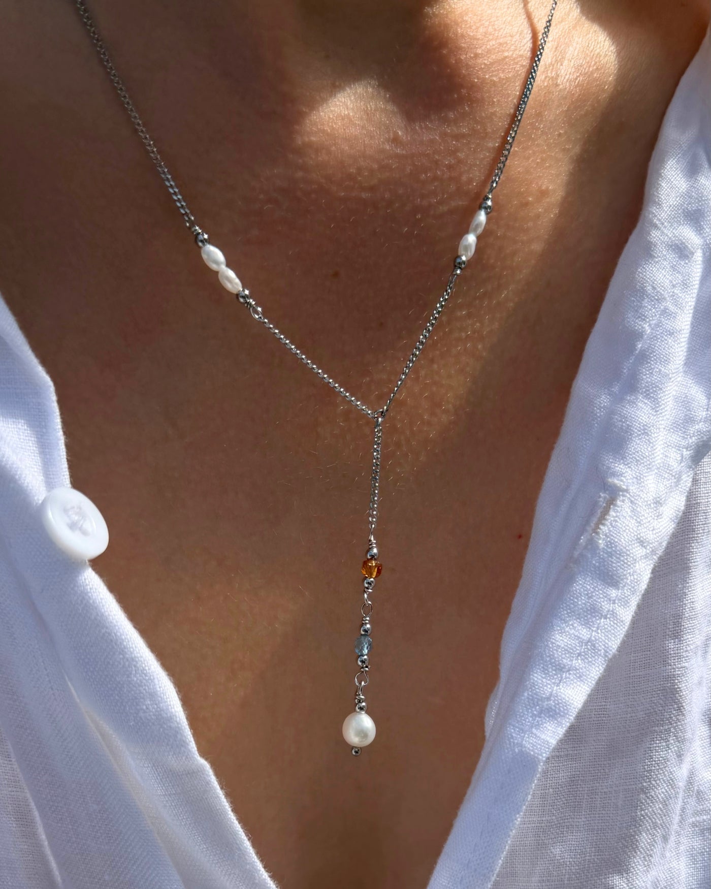 Ophelia | Y-ketting zilver | Met parels, granaatsteen & aquamarijn