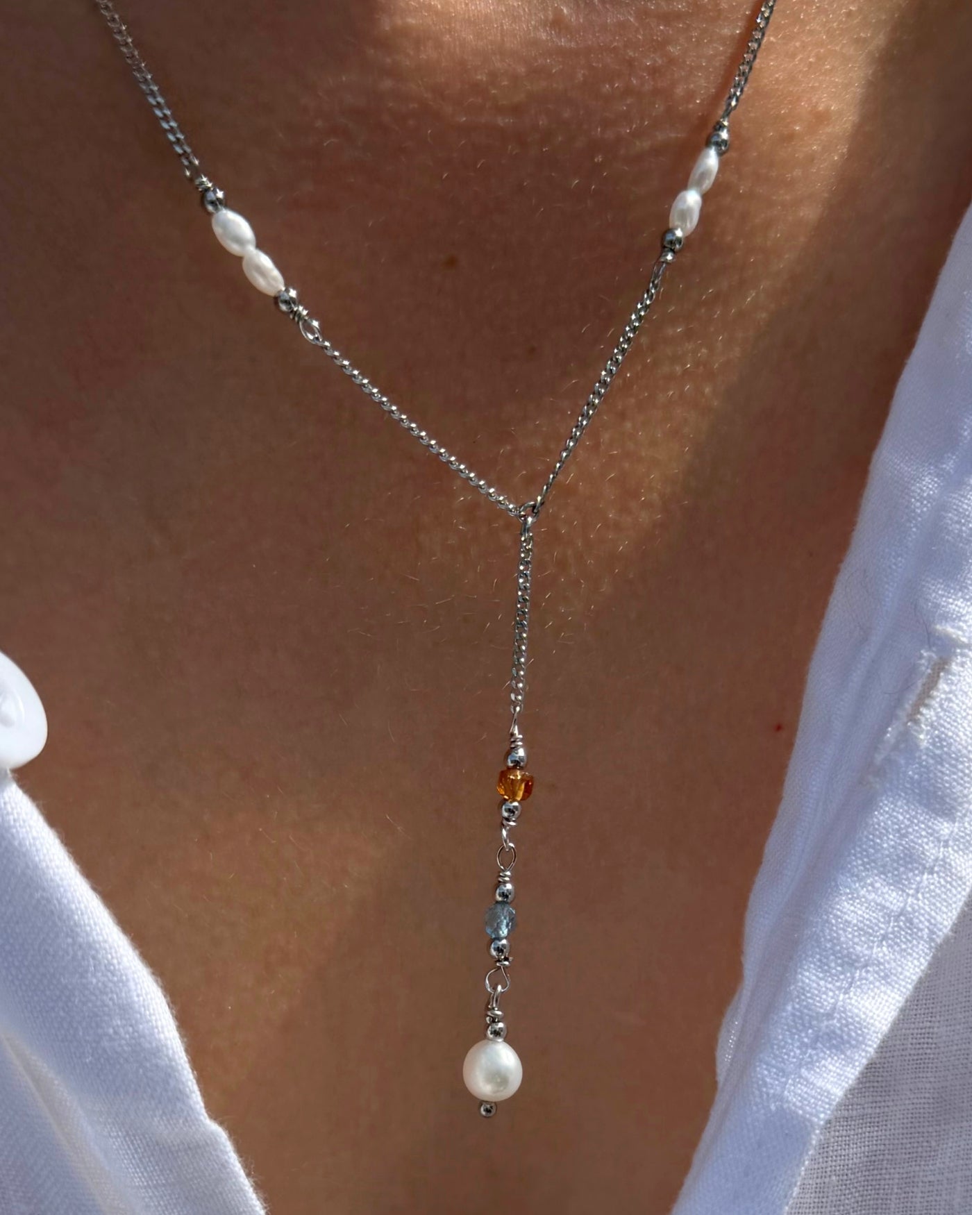 Ophelia | Y-ketting zilver | Met parels, granaatsteen & aquamarijn