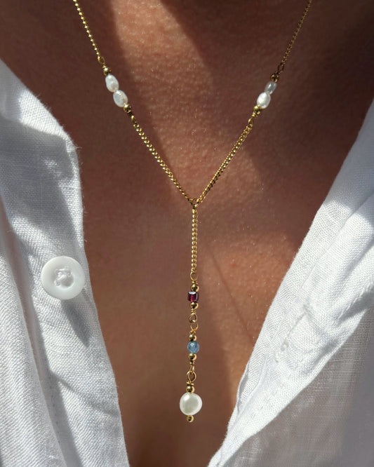 Ophelia | Y-ketting goud | Met parels, granaatsteen & aquamarijn