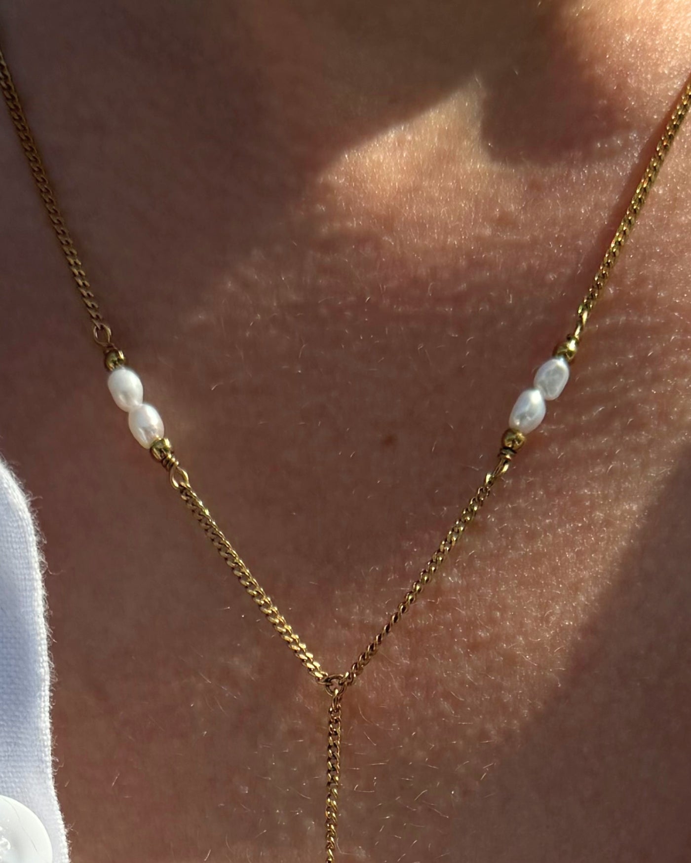 Ophelia | Y-ketting goud | Met parels, granaatsteen & aquamarijn