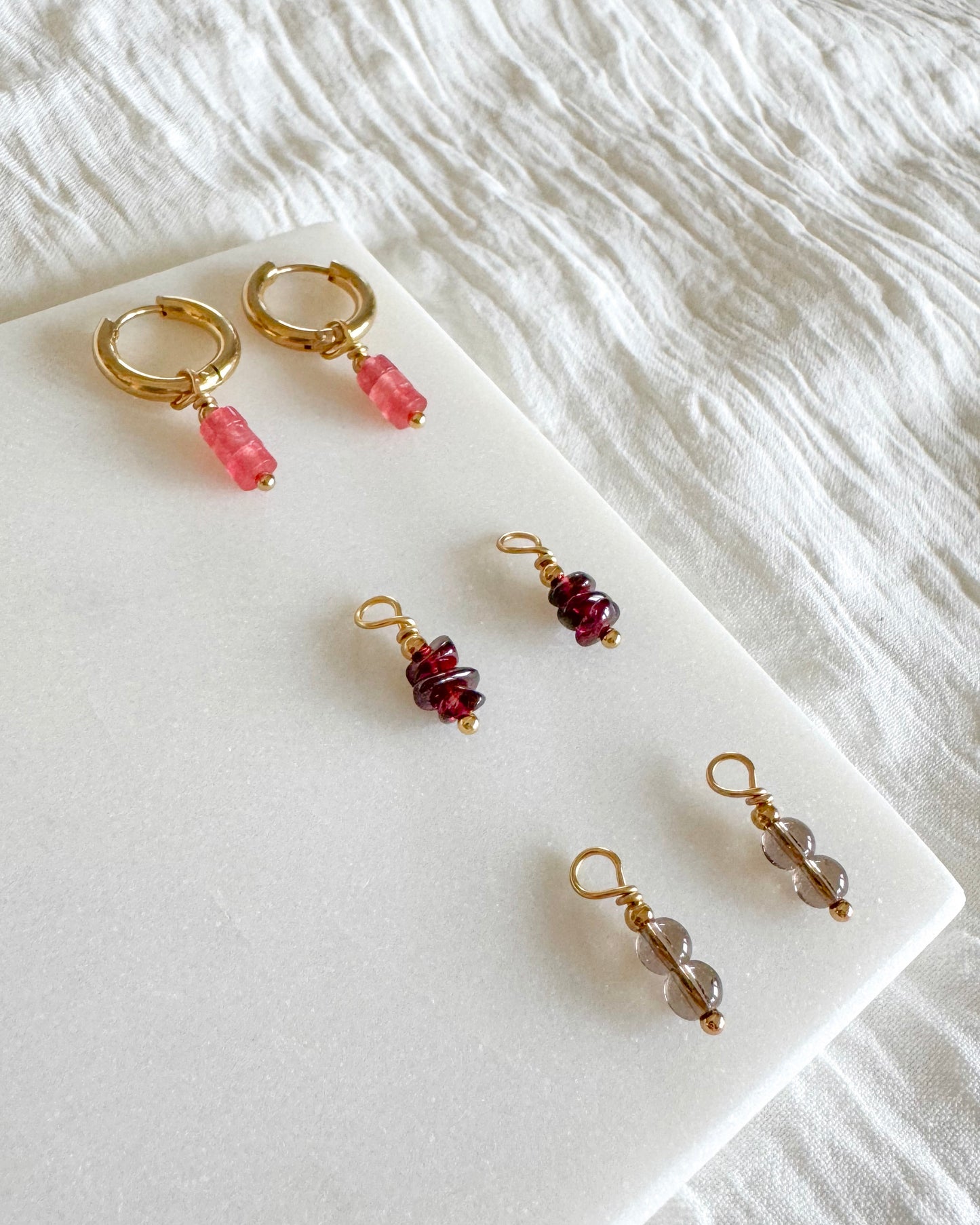 Mix & Match oorbellen | Oorringen set met 3 hangers | Chalcedoon, Granaatsteen en Rookkwarts