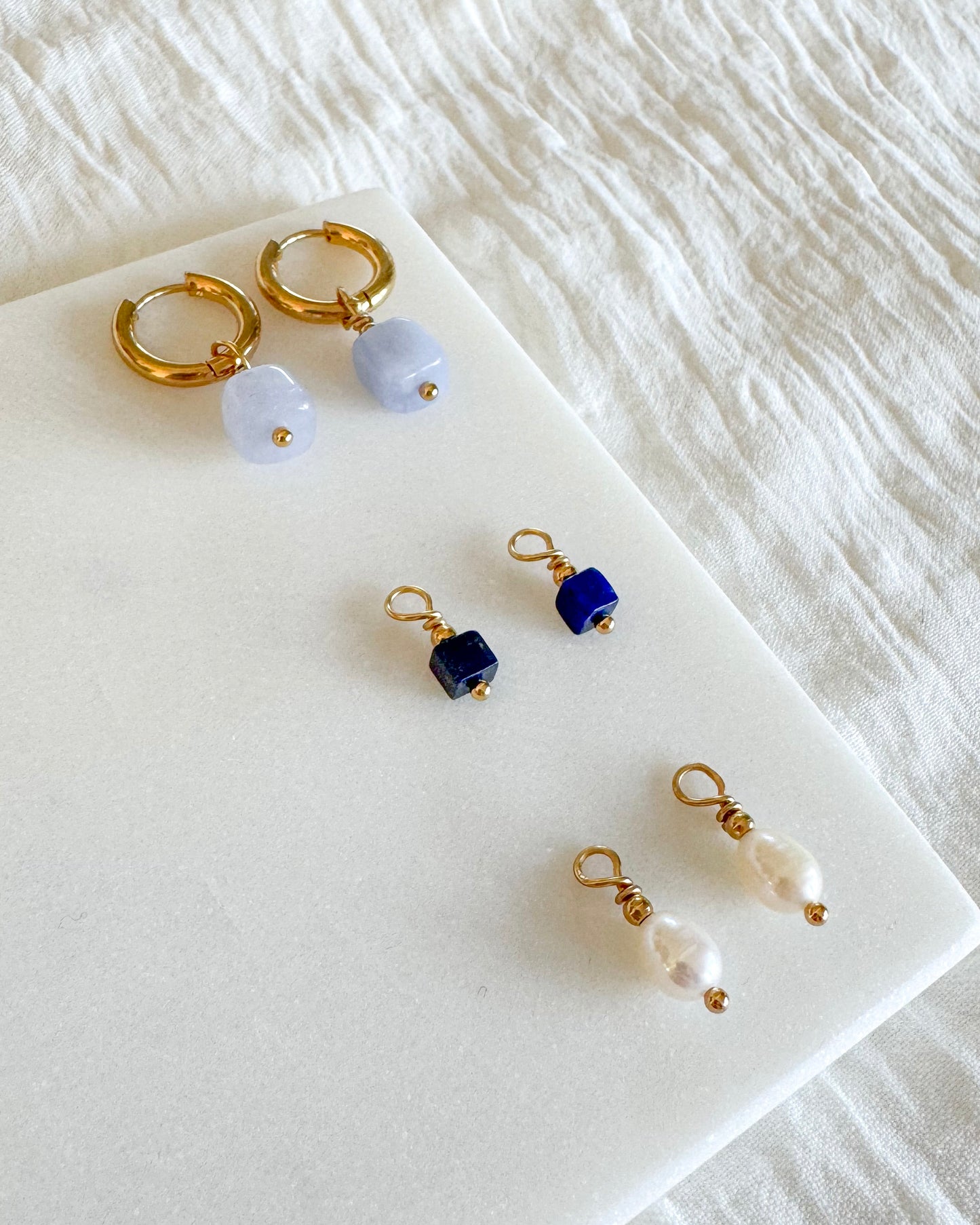 Mix & Match oorbellen | Oorringen set met 3 hangers | Aquamarijn, Parel en Lapis