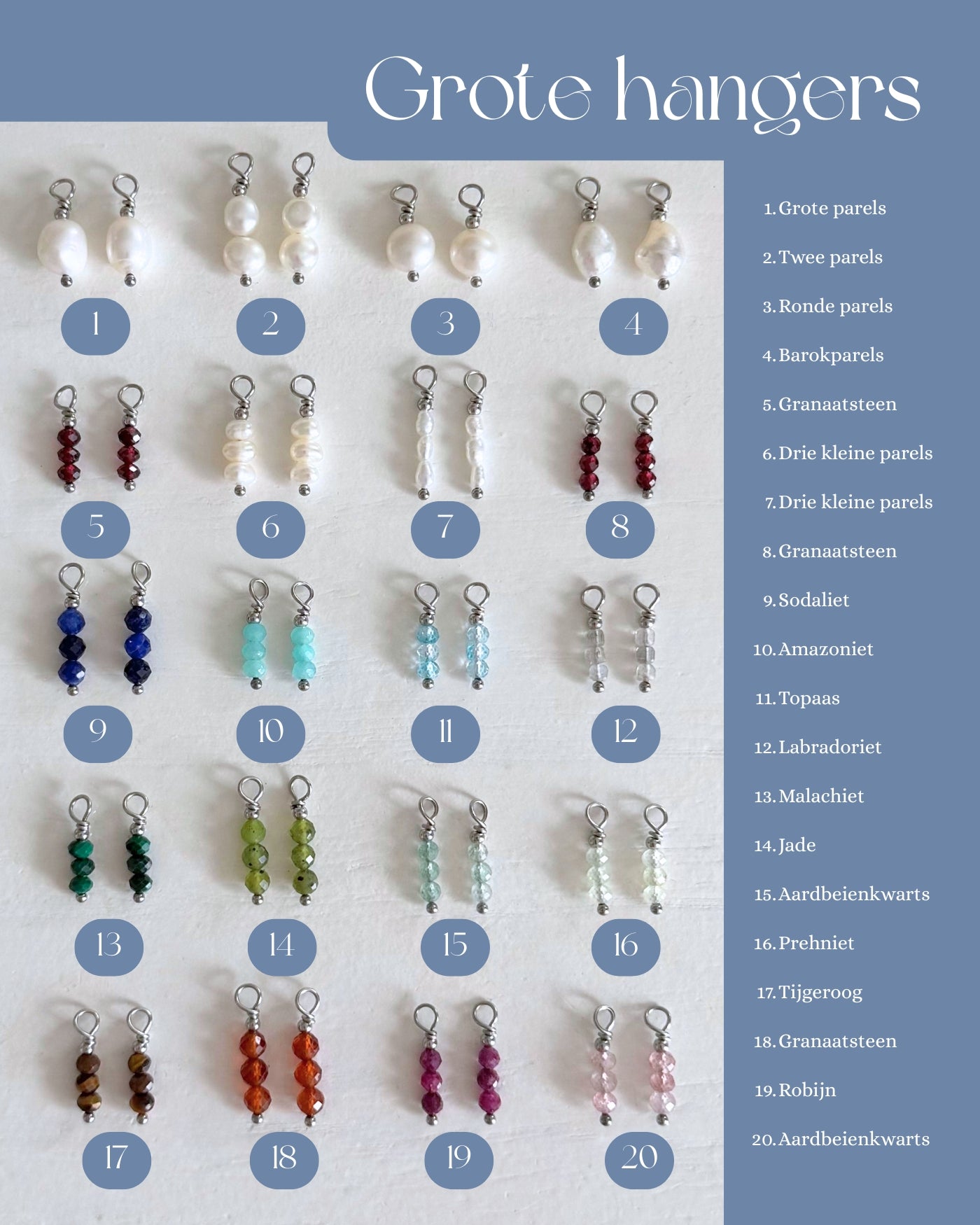 Overzicht van alle grote hangers met parels en edelstenen zilver stainless steel
