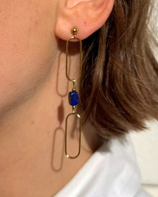 Gouden statement oorbellen met Lapis lazuli goud stainless steel