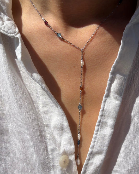Y-ketting met parels en edelstenen | Zilver stainless steel