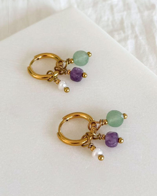 Mix en Match oorbellen oorringen met hangers Parel, paarse steen, groene steen