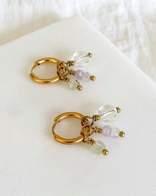 Mix en Match oorbellen oorringen set met hangers Bergkristal, Amethist en Prehniet